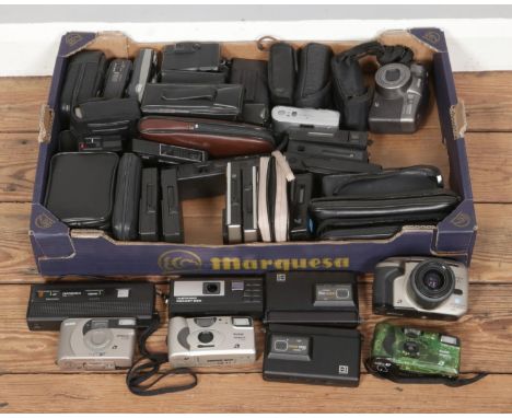 A box of various APS film, 110 film cartridge and Disc cameras, including examples from Canon, Olympus, Kodak, Hanimex and Mi