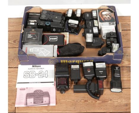 A box of twenty-seven flash units, including Yashica, Nikon, Minolta, Canon and Vivitar etc. Models refer to the list.