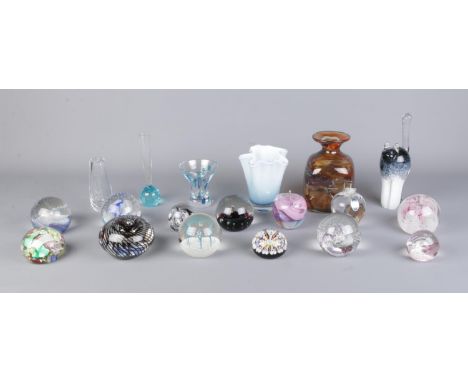 A collection of art glass, to include Caithness paperweights, Royal Doulton apple, Dartington vase, handkerchief vase and Sva