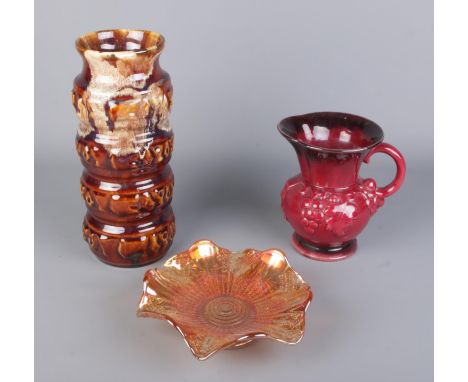 A group of vintage collectables, including West Germany vase (H29cm), carnival glass dish (D20cm) and burgundy grape jug (H17