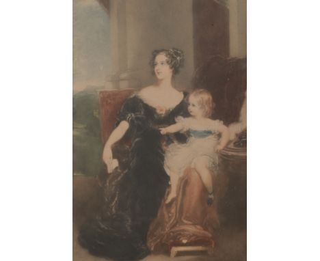 After Sir Thomas Lawrence, Ellen Jowett, a gilt framed mezzotint engraving, portrait of Countess Gower and Child. Signed by J