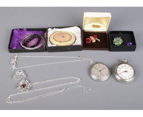 A group of collectables, including assorted costume jewellery, oval enamelled compact, Oris pocket watch and antique G.Roskop