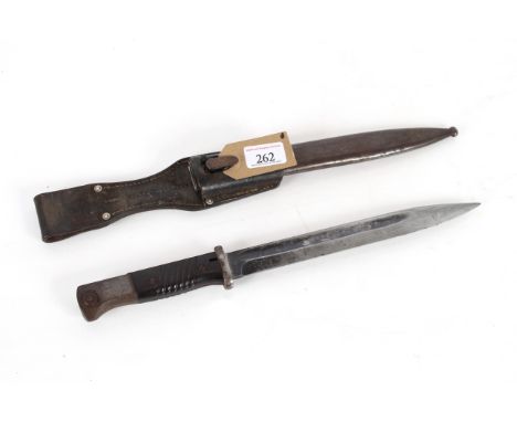 A German Third Reich era model 84/98 knife bayonet with scabbard and leather frog by E.U.F. Horster Solingen, pommel with Waf