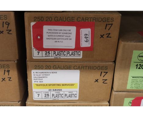Two unopened outer boxes (500 cartridges) Hull Cartridge Co. 20 bore No. 7 Shot 25gms (plastic wad) This item can only be pur