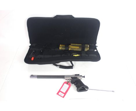 A Volquartsen Carroll 1A .22 Calibre self loading long barrel pistol. In near new condition with it's designated soft carry c
