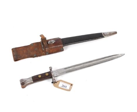 A British model 1888 MkI 2nd type bayonet with MkI scabbard and leather frog. A fine example marked "Crown VR 12/97"