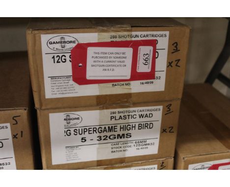 Two unopened outer boxes (500 cartridges) Gamebore 12g Supergame High Bird 5 shot 32gms (plastic wad) This item can only be p