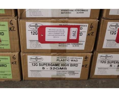 Two unopened outer boxes (500 cartridges) Gamebore 12g Supergame High Bird 5 shot 32gms (plastic wad) This item can only be p