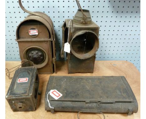 KENYONS/PATENT RAILWAY LAMP, rusty, TWO HAND LAMPS and a BLACK JAPANNED METAL ROUNDED OBLONG BOX with handle (4)