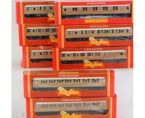 EIGHT HORNBY RAILWAYS MINT AND BOXED '00' GAUGE LNER PASSENGER COACHES IN TEAK FINISH, viz composite coach model No R477 x 5,