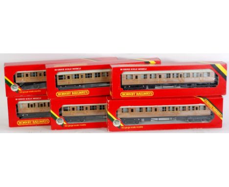 SIX HORNBY RAILWAYS MINT AND BOXED '00' GAUGE 'CRESLEY' TYPE TEAK COACHES viz LNER Coach composite model R435 x 4 and brake c