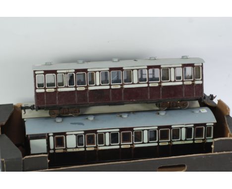 THREE SCRATCH BUILT '0' GAUGE COMPOSITE COACHES comprising two first/third coaches and a third/guards coach in brown and ligh