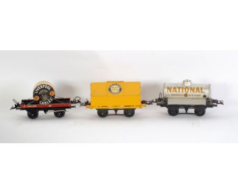 HORNBY TRAINS TWO VIRTUALLY MINT AND BOXED '0' GAUGE TIN PLATE ITEMS OF GOODS ROLLING STOCK viz No 50 goods brake van and low