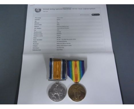 A World War I 1914 medal and Victory medal awarded to 98467 PTE H.A. Newton Royal Army Medical Corp with documentary research