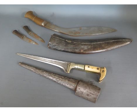 A Kukri knife and bone handles Asiatic knife - Length 31cm - with scabbard - wear to both, some rusting to blades