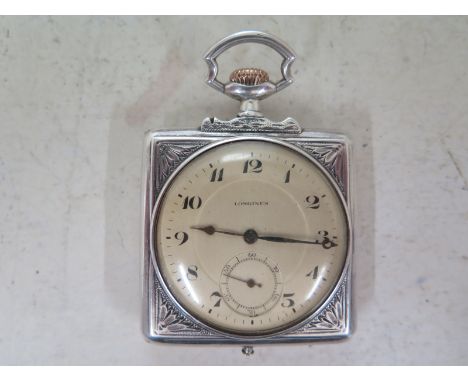 A silver cased Longines open faced pocket watch in square case marked Longines 4 Grands-Prix Paris-Paris, Malan, Bruxelles  .