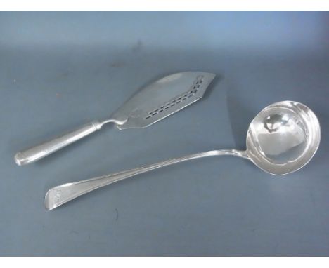 A Georgian silver ladle - Length 34cm - London 1832/33 - maker GSWF - approx 5 troy oz and a Georgian silver serving knife Lo
