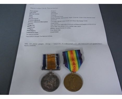 A World War one duo consisting of a 1914-18 War medal and Victory medal awarded to M2-033202 CPL E.V. Defratus Army Service C