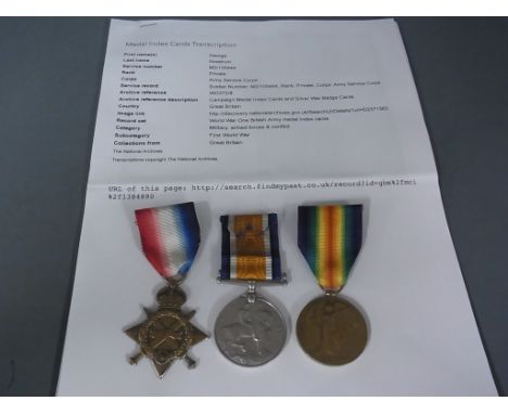 A World War I trio consisting of a 1914-15 Star, a 1914-18 War medal and Victory medal awarded to M2-100444 PTE G Goodrum Arm