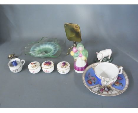 A collection of cabinet pieces including three Royal Worcester miniature pots, Goss figure, Dresden cup and saucer pieces - t