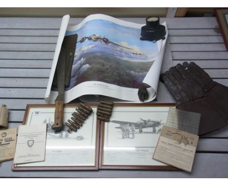 Assorted Military items to include a Douglas Protractor, two framed Coulson prints, a Martindale No 2 machete, a pair of glov