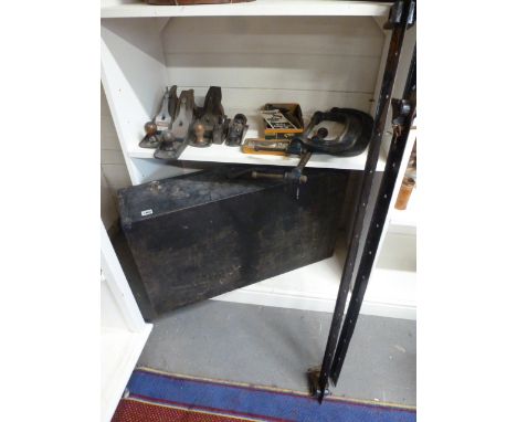 A selection of woodworking tools including G-Clamps, two large sash clamps, various types of planes including Tri-plane, Jack