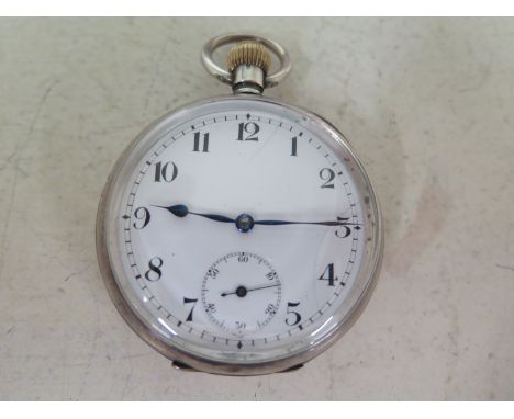 A silver cased open faced Omega pocket watch, the case marked Omega, the movement marked Omega no. 4162514, the white enamel 