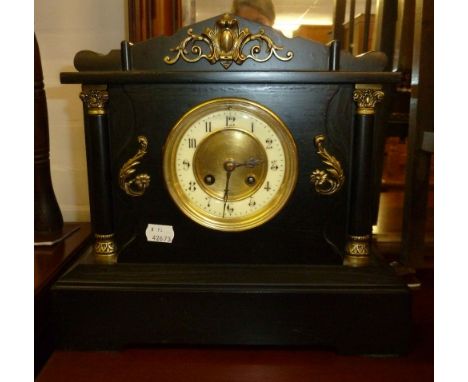 VICTORIAN BLACK SLATE MANTEL CLOCK OF ARCHITECTURAL STYLE WITH GILT BRASS MOUNTS, 13" WIDE