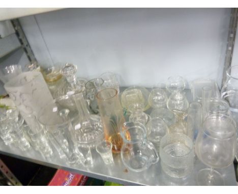 CUT GLASS GLOBE AND SHAFT SHAPED WINE DECANTER; CUT GLASS FRUIT BOWLS, ETC