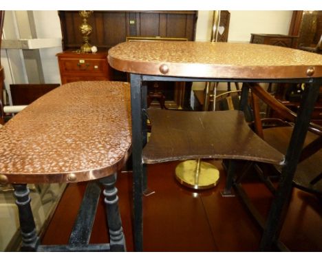 TWO PUB TABLES WITH HAMMERED COPPER TOPS AND A MODERN BRASS STANDARD LAMP (3)