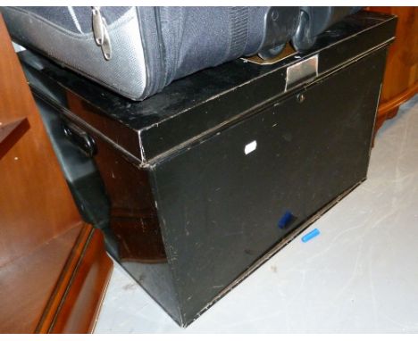 A WITHY GROVE STORES BLACK METAL FIREPROOF TRUNK AND TWO MODERN SUITCASES
