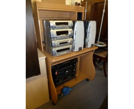 A TECHNICS FOUR TIER STACKING STEREO/CD PLAYER  AND A PAIR OF SPEAKERS TOGETHER WITH SAMSUNG RECORD PLAYER