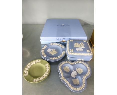 WEDGWOOD PALE BLUE AND WHITE JASPER WARE TRINKET BOX, FOUR SIMILAR ASHTRAYS AND TWO COLLECTORS PLATES