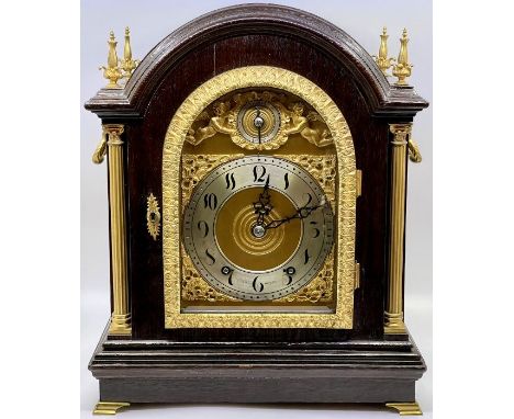 A 19th Century Fruitwood and gilt quarter chime bracket clock by Tiffany &amp; Co model 393, mounted with pointed floral in c