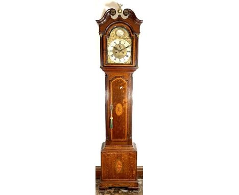 A George III oak, satinwood and olivewood crossbanded 8-day longcase clock by D Hastings, Alnwick, circa 1770, scrolling swan