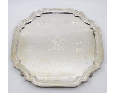 A silver limited edition Queen Elizabeth Jubilee salver for 1977 no 15/250, by E.H.Parkin and co, Sheffield 1977, 1240g, 34cm