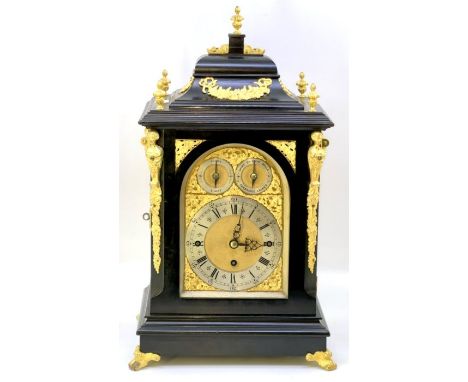 A George III revival brass mounted ebonised quarter chiming bracket clock, unsigned, chiming graduated nest of bells and an h