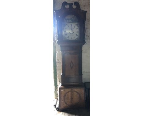 A 19th century oak and mahogany longcase clock, the arched dial painted with landscape scene, supporting eight day movement s