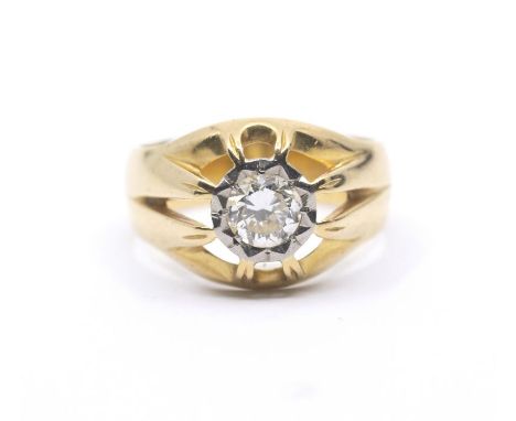 A yellow gold single stone diamond ring, gypsy star set round brilliant of approx 0.65 ct, in open claw setting, 9.2g