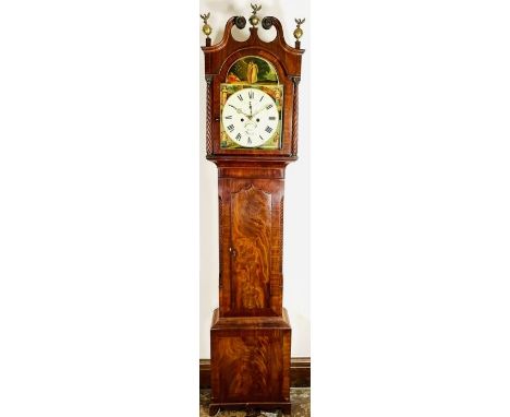 A George III mahogany crossbanded 8-day longcase clock, circa 1820, three brass mounted hawk on globe finials, flanked by a s