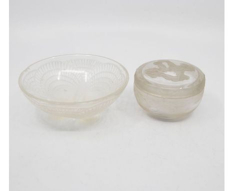 A Lalique opalescent small bowl in the "Coquilles" pattern, etched mark R. Lalique, France, 13cm diam and a powder bowl and c