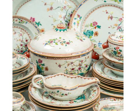 A CHINESE FAMILLE-ROSE COMPOSITE PART DINNER SERVICE (51)Qianlong Each piece painted with a figure in a boat being observed b