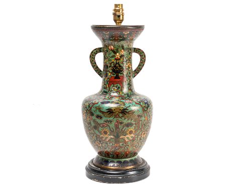 A CHINESE CLOISONNE TWO-HANDLED VASE ADAPTED AS A LAMPProbably 19th century Bulbous form beneath a slight waisted neck, decor
