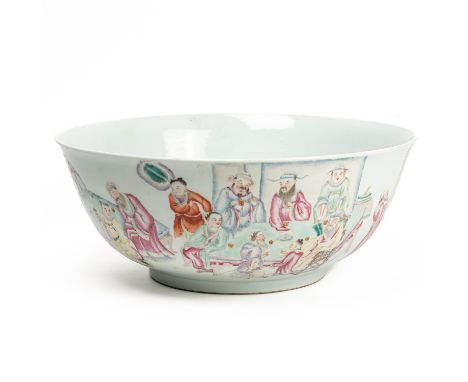 A LARGE CHINESE FAMILLE- ROSE PUNCH BOWL20th century, probably Republic period The exterior painted with figures seated aroun
