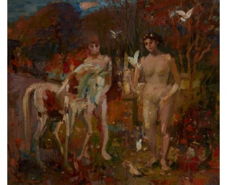 § JOHN CUNNINGHAM (SCOTTISH 1927-2000) ADAM AND EVE (OIL SKETCH) Signed, oil on boardDimensions:26cm x 41cm (10.25in x 16in)