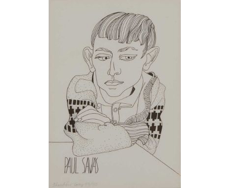 § ALASDAIR GRAY (SCOTTISH 1934-2019) PORTRAIT OF PAUL SAVAS  Lithograph, 44/50, signed and numbered in pencilDimensions:29cm 