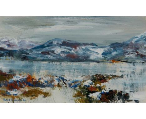 § JAMES  HAWKINS (SCOTTISH  1954-) LOCH ASSYNT, 1984 Signed and dated lower left, acrylic and enamel on cardDimensions:17cm x