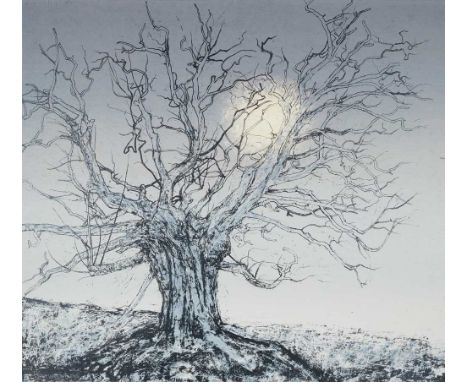 § VICTORIA CROWE O.B.E., F.R.S.E., R.S.A. (SCOTTISH 1945-) RESILIENT TREE, RISING MOON - 2021 Woodblock, screenprint and lith