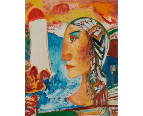 § JOHN BELLANY C.B.E., R.A. (SCOTTISH 1942-2013) CELTIC MAIDEN (WOMAN AND BEACON), 1995 Signed upper right, oil on canvasDime