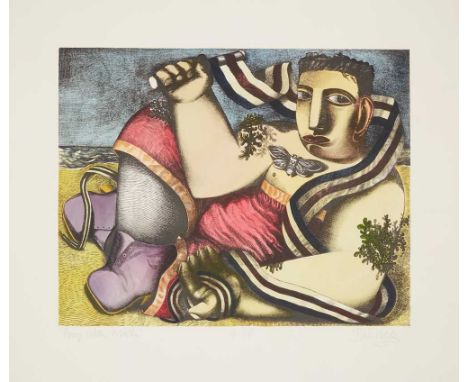 § JOHN BYRNE R.S.A. (SCOTTISH 1940-) BOY WITH MOTH Lithograph with hand-colouring, P/P, signed 'Patrick,' titled and editione